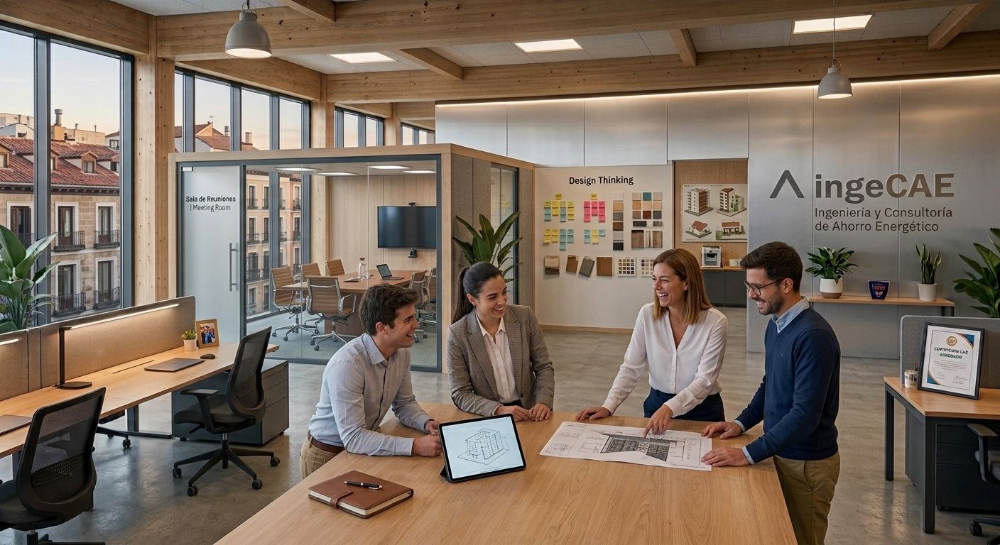 El equipo de ingenieros de Ingecae revisando un proyecto en la oficina